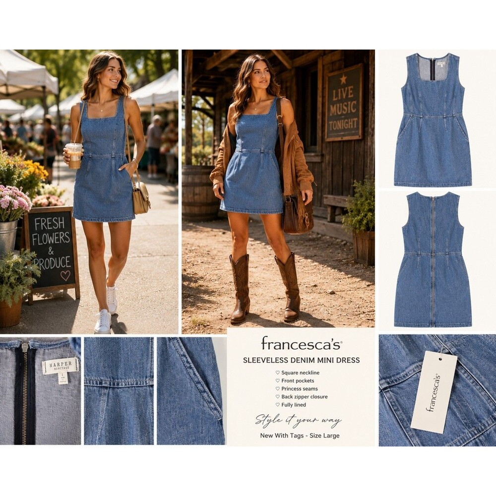 New Francesca's Women L Chambray Denim Mini Dress Cotton Sleeveless Pockets Cute